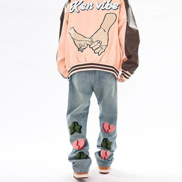 Y2K Hip Hop Retro Heart Embroidery Straight Jeans Men New Fashion Casual Harajuku Punk Gothic Loose Wide Leg Pants Streetwear aidase-shop